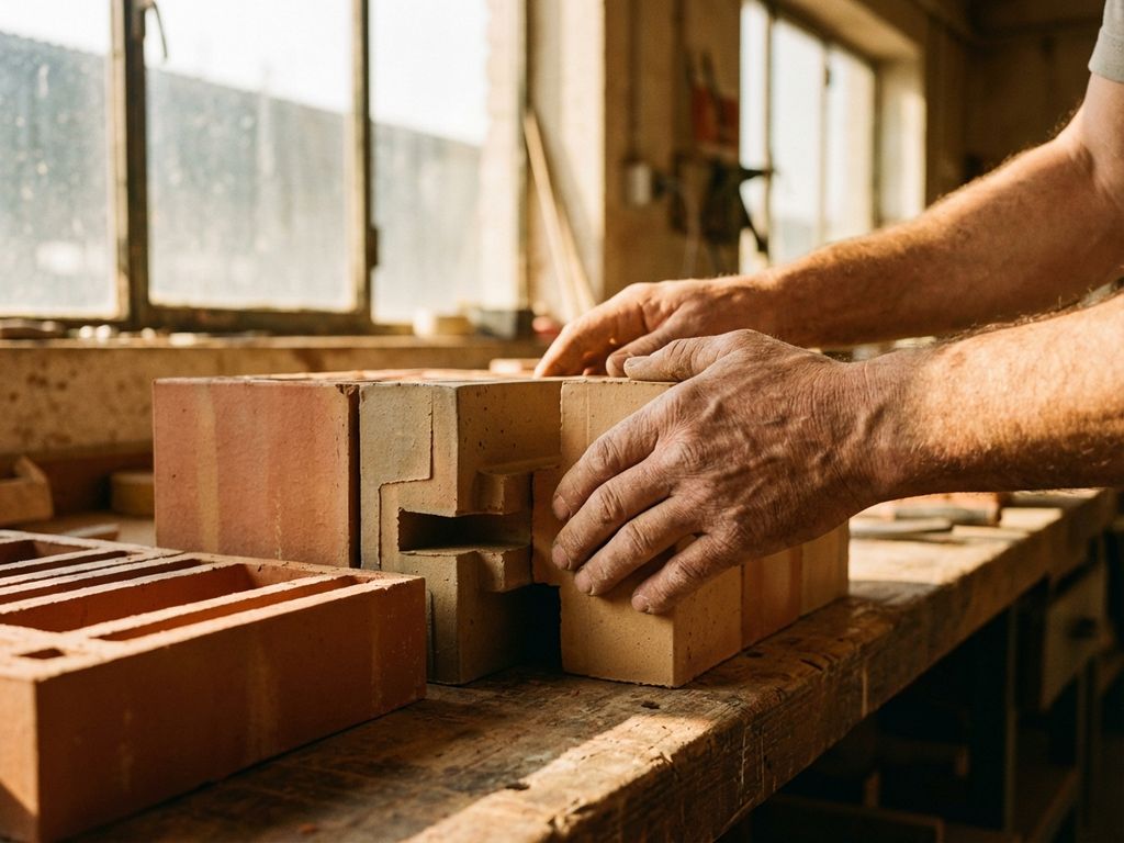 Handwerker fügt modulare Terrakotta-Ziegel mit geometrischen Verbindern auf Holzwerkbank zusammen