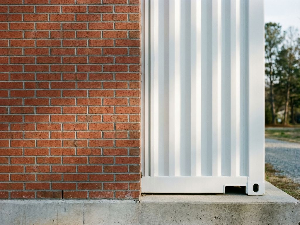 Rote Backsteinwand trifft auf weiße Modulcontainer-Struktur, architektonische Präzision bei Tageslicht sichtbar