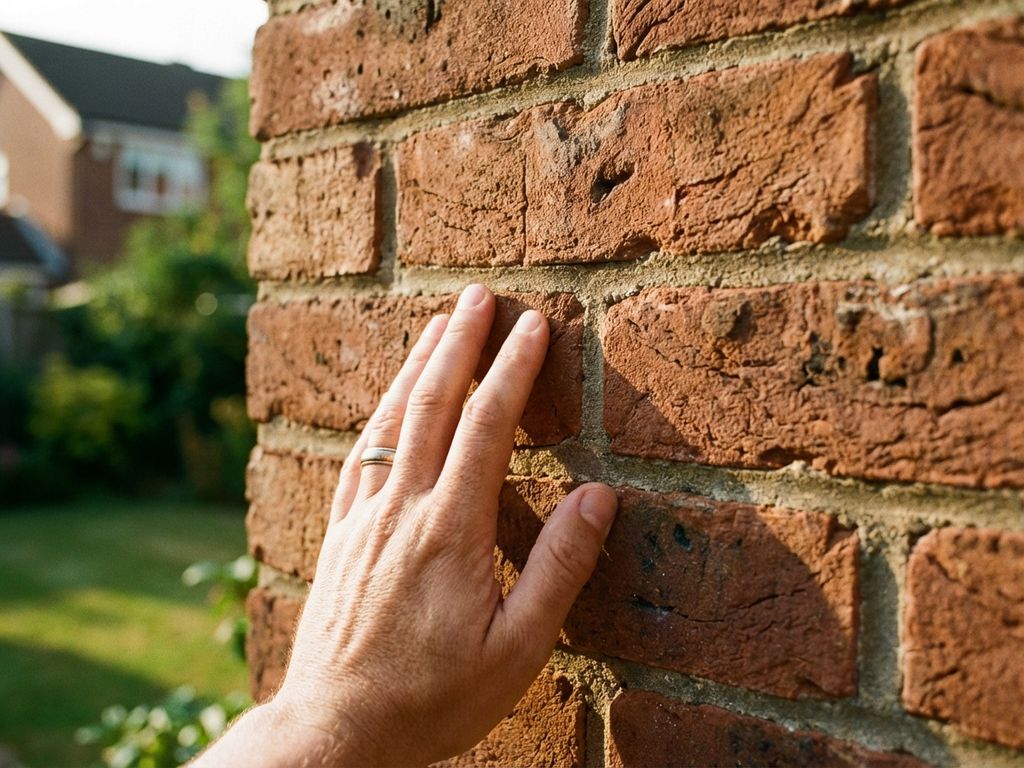 Person berührt rote Backsteinwand mit detaillierter Textur und Mörtelfugen im warmen Sonnenlicht